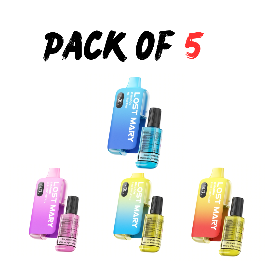 Pack of 5 BM6000 Disposable Vape Kit USB-C 10ml e-liquid capacity 650mAh rechargeable TPD UK