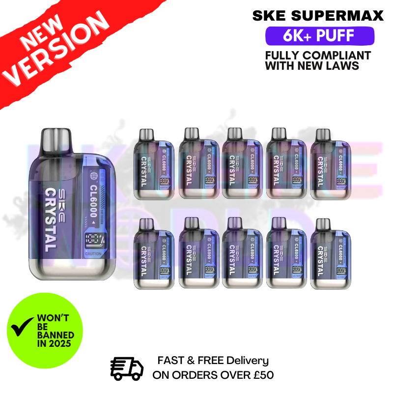 Box Of 10 - BLUE SOUR RASPBERRY Crystal 6000 Puff Bar SKE