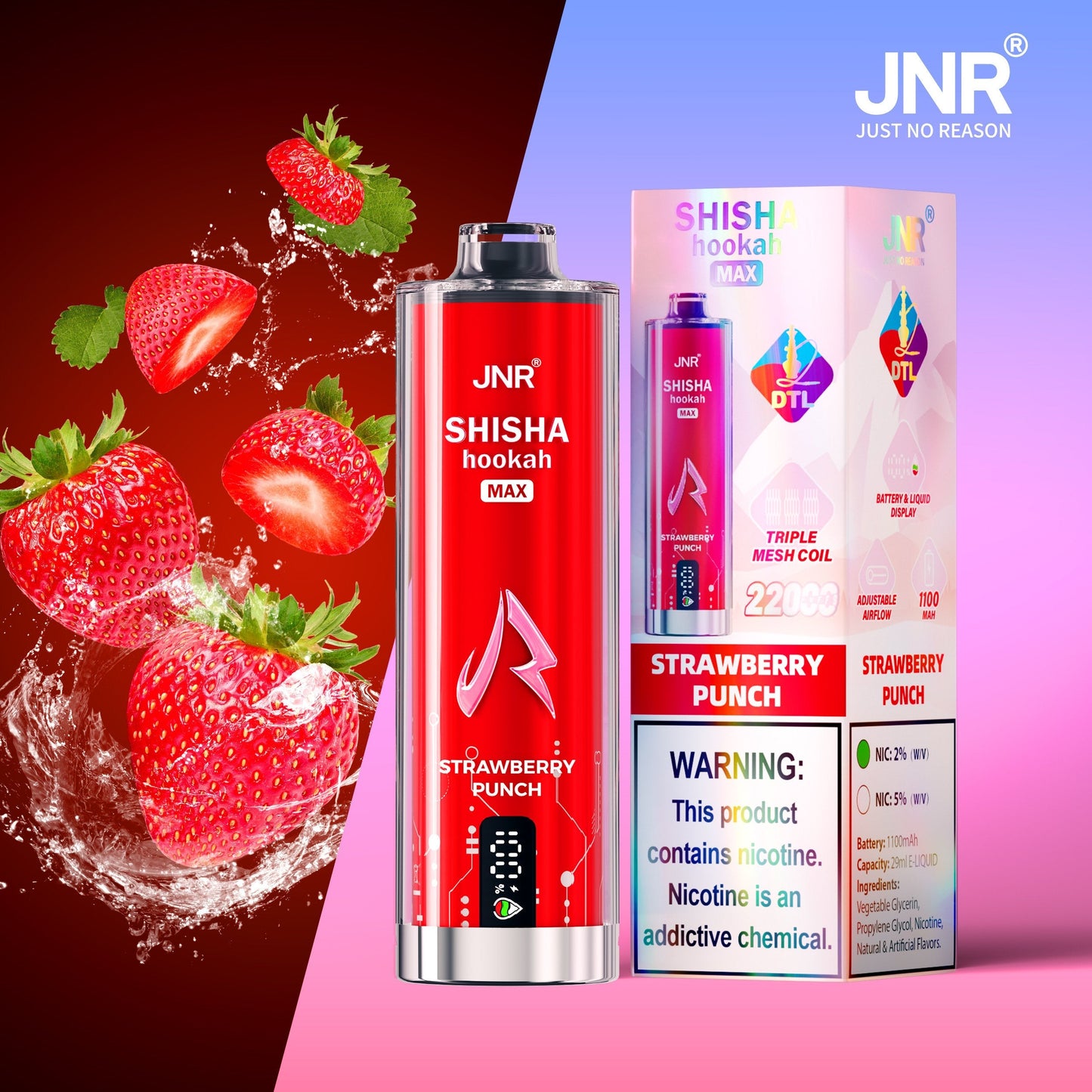 JNR Shisha Max 22000 22K Puffs Original DTL Disposable Vape Pen-850mAh Battery, 40ml E-liquid, Multiple Nicotine 12 Flavors